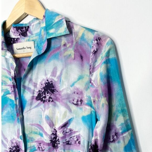 Samantha Sung Collared Mini Shirt Dress Button Up Blue/Purple Floral Size 4 - Picture 4 of 9